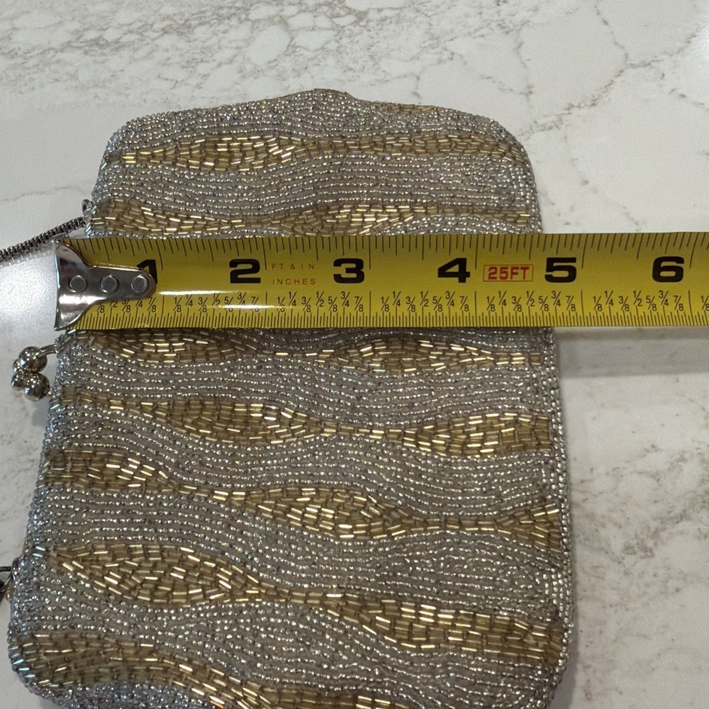 Vintage Delill Beaded Evening Bag Seed Bead Purse Silver &Gold Detachable Chain - Picture 14 of 16